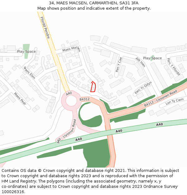34, MAES MACSEN, CARMARTHEN, SA31 3FA: Location map and indicative extent of plot