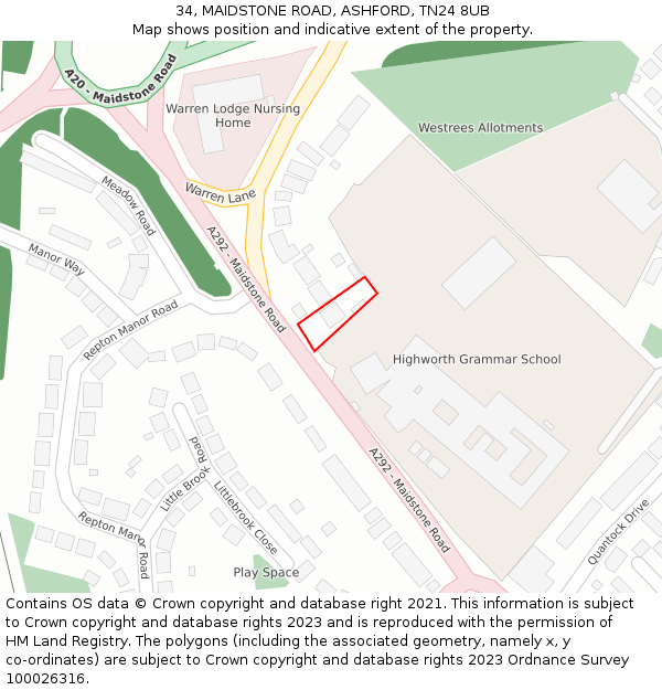 34, MAIDSTONE ROAD, ASHFORD, TN24 8UB: Location map and indicative extent of plot