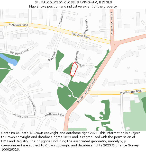 34, MALCOLMSON CLOSE, BIRMINGHAM, B15 3LS: Location map and indicative extent of plot