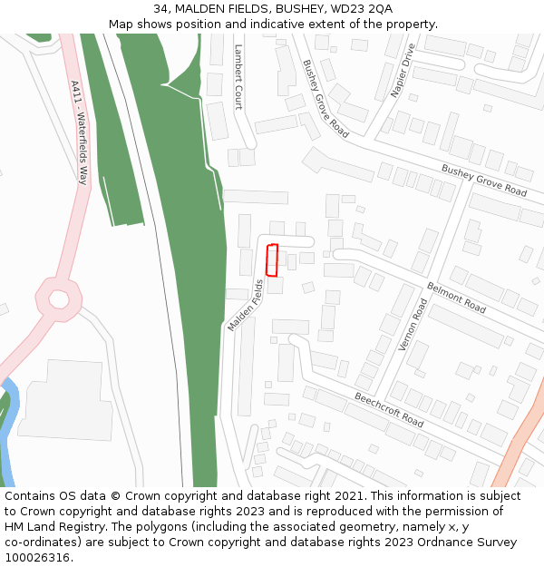 34, MALDEN FIELDS, BUSHEY, WD23 2QA: Location map and indicative extent of plot