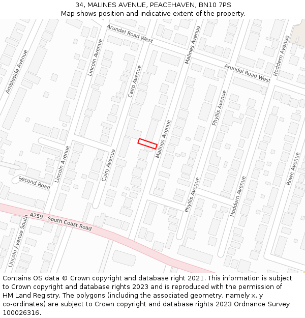 34, MALINES AVENUE, PEACEHAVEN, BN10 7PS: Location map and indicative extent of plot