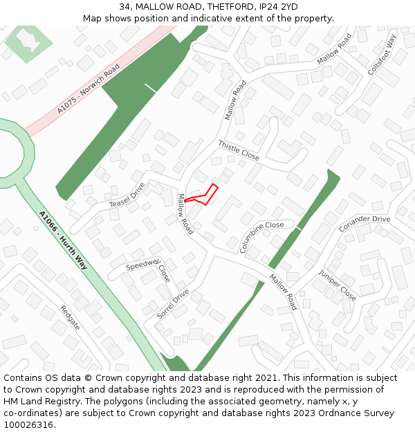 34, MALLOW ROAD, THETFORD, IP24 2YD: Location map and indicative extent of plot