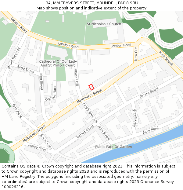 34, MALTRAVERS STREET, ARUNDEL, BN18 9BU: Location map and indicative extent of plot