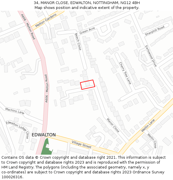 34, MANOR CLOSE, EDWALTON, NOTTINGHAM, NG12 4BH: Location map and indicative extent of plot