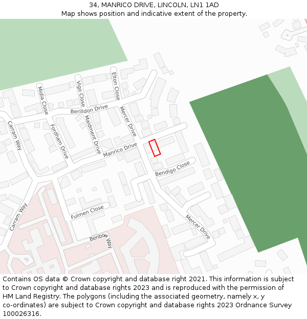 34, MANRICO DRIVE, LINCOLN, LN1 1AD: Location map and indicative extent of plot