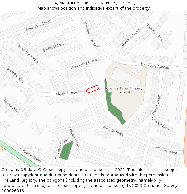 34, MANTILLA DRIVE, COVENTRY, CV3 6LQ: Location map and indicative extent of plot