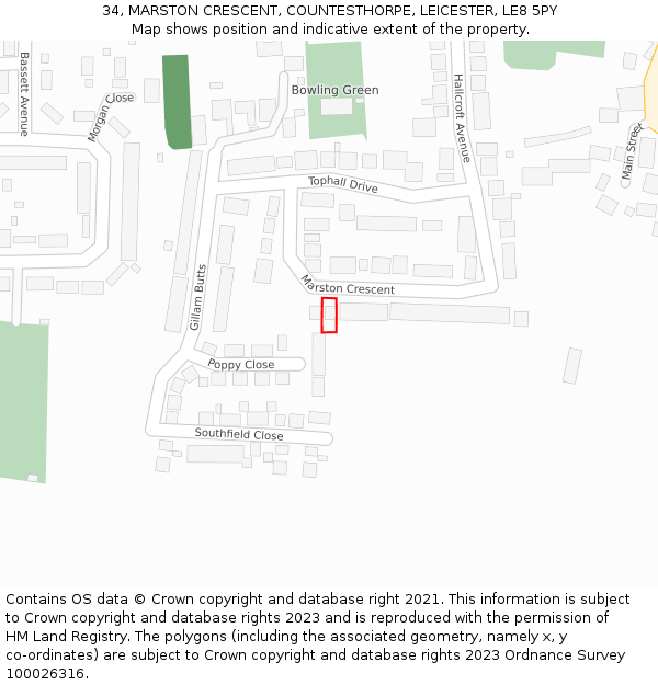 34, MARSTON CRESCENT, COUNTESTHORPE, LEICESTER, LE8 5PY: Location map and indicative extent of plot