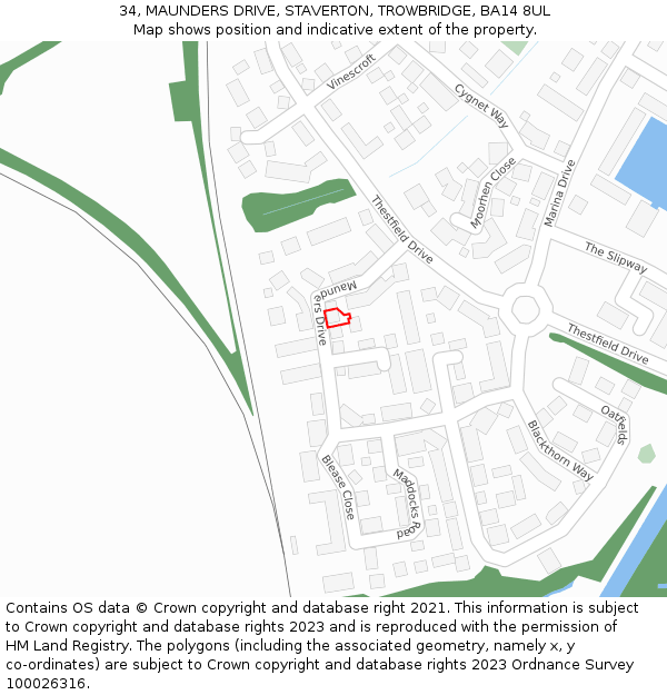 34, MAUNDERS DRIVE, STAVERTON, TROWBRIDGE, BA14 8UL: Location map and indicative extent of plot