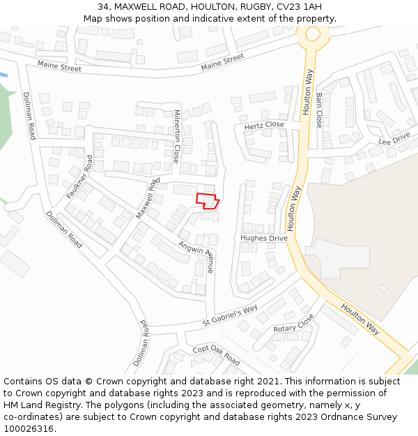 34, MAXWELL ROAD, HOULTON, RUGBY, CV23 1AH: Location map and indicative extent of plot