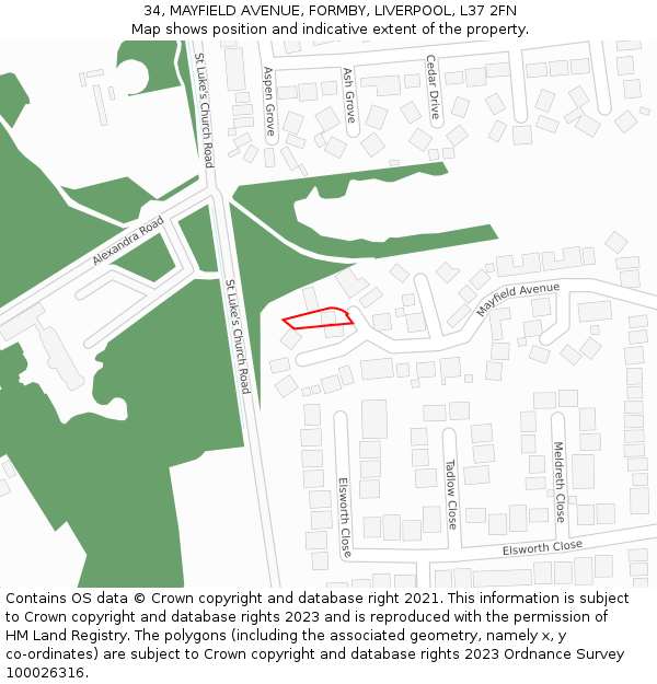 34, MAYFIELD AVENUE, FORMBY, LIVERPOOL, L37 2FN: Location map and indicative extent of plot