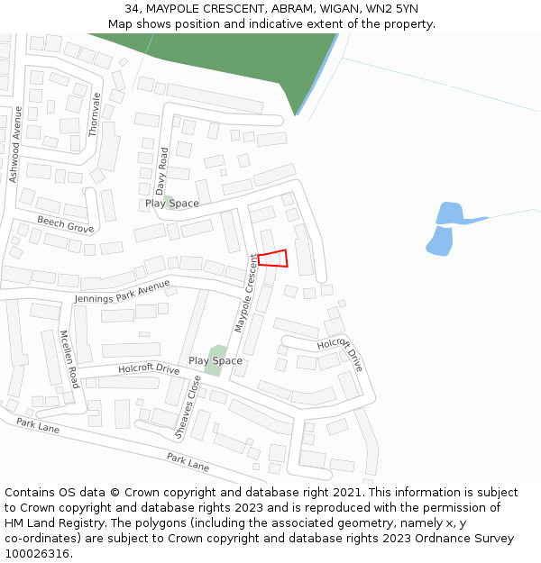 34, MAYPOLE CRESCENT, ABRAM, WIGAN, WN2 5YN: Location map and indicative extent of plot