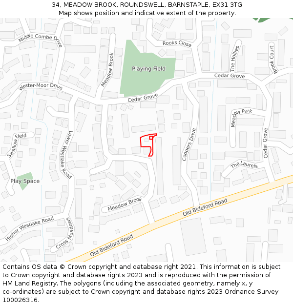 34, MEADOW BROOK, ROUNDSWELL, BARNSTAPLE, EX31 3TG: Location map and indicative extent of plot
