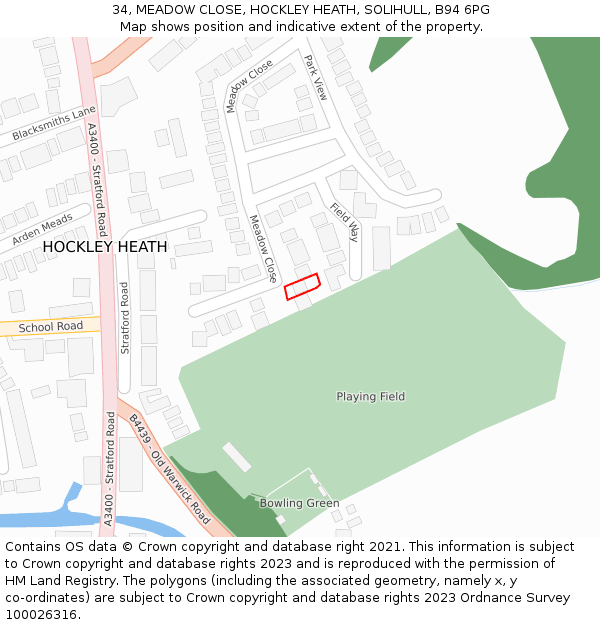 34, MEADOW CLOSE, HOCKLEY HEATH, SOLIHULL, B94 6PG: Location map and indicative extent of plot