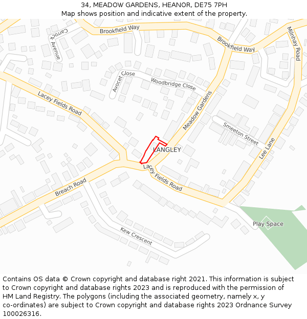 34, MEADOW GARDENS, HEANOR, DE75 7PH: Location map and indicative extent of plot