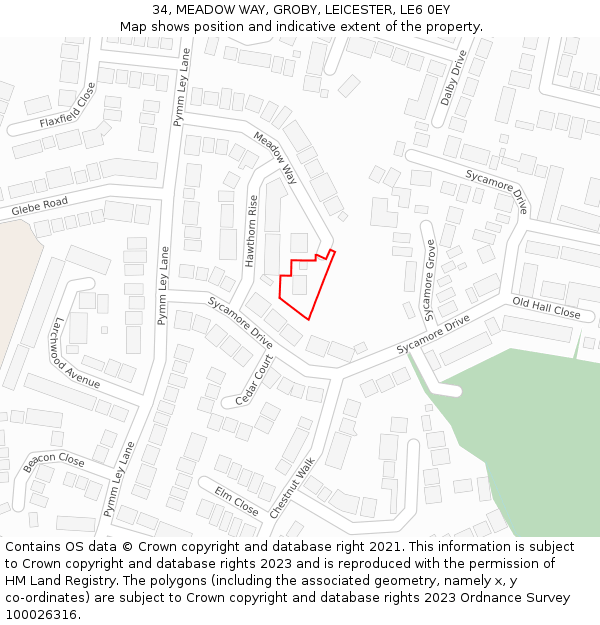 34, MEADOW WAY, GROBY, LEICESTER, LE6 0EY: Location map and indicative extent of plot