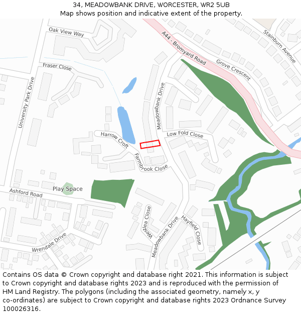 34, MEADOWBANK DRIVE, WORCESTER, WR2 5UB: Location map and indicative extent of plot