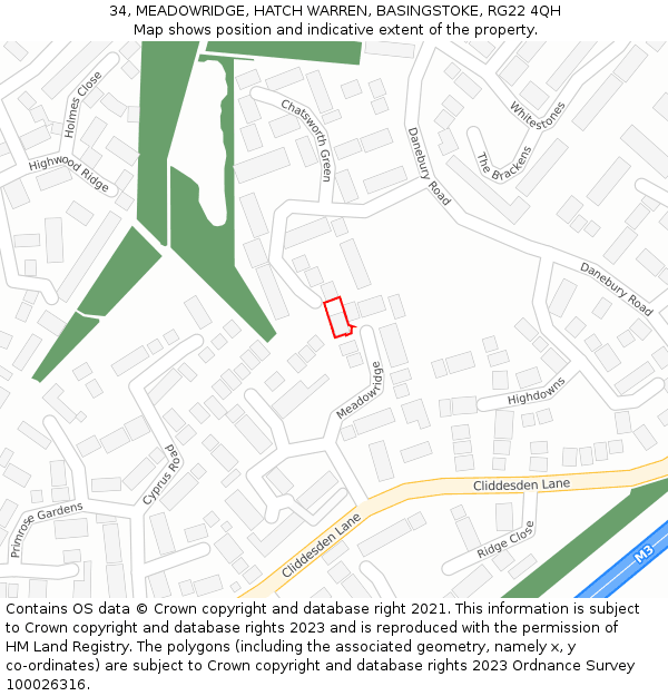 34, MEADOWRIDGE, HATCH WARREN, BASINGSTOKE, RG22 4QH: Location map and indicative extent of plot