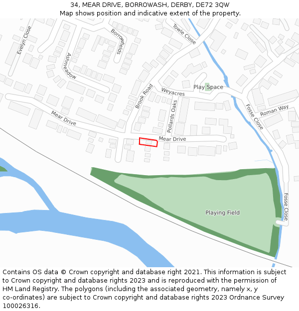 34, MEAR DRIVE, BORROWASH, DERBY, DE72 3QW: Location map and indicative extent of plot