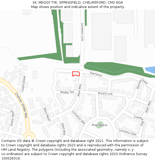 34, MEGGY TYE, SPRINGFIELD, CHELMSFORD, CM2 6GA: Location map and indicative extent of plot