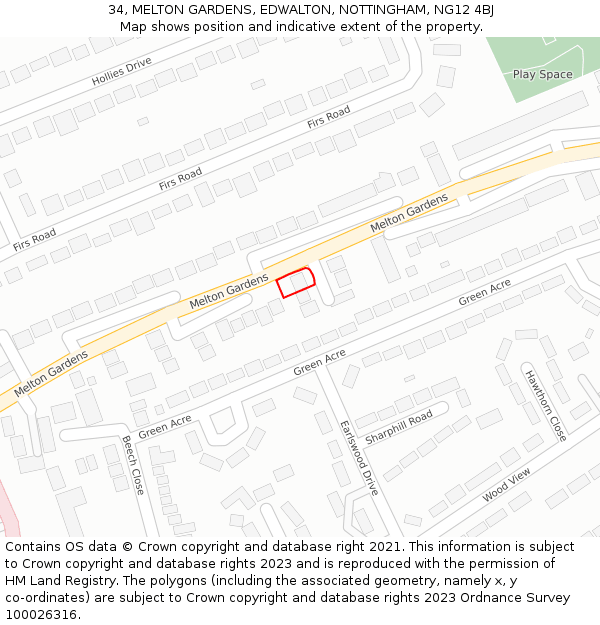 34, MELTON GARDENS, EDWALTON, NOTTINGHAM, NG12 4BJ: Location map and indicative extent of plot