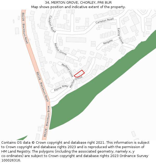 34, MERTON GROVE, CHORLEY, PR6 8UR: Location map and indicative extent of plot