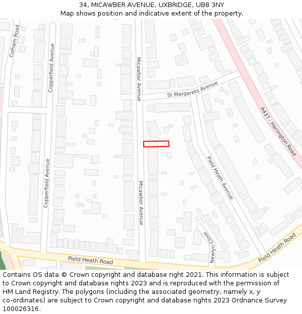 34, MICAWBER AVENUE, UXBRIDGE, UB8 3NY: Location map and indicative extent of plot