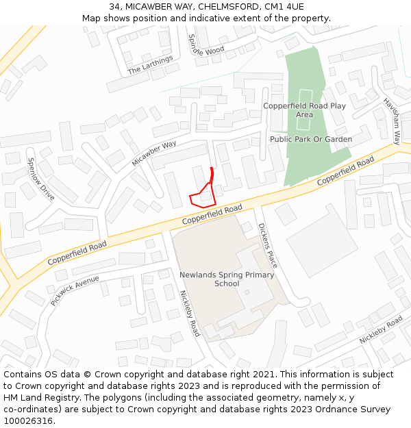 34, MICAWBER WAY, CHELMSFORD, CM1 4UE: Location map and indicative extent of plot