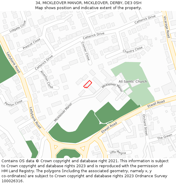 34, MICKLEOVER MANOR, MICKLEOVER, DERBY, DE3 0SH: Location map and indicative extent of plot