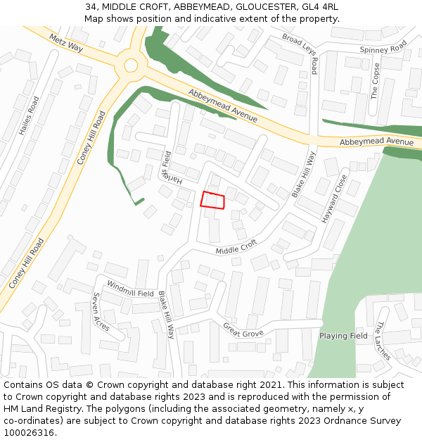34, MIDDLE CROFT, ABBEYMEAD, GLOUCESTER, GL4 4RL: Location map and indicative extent of plot