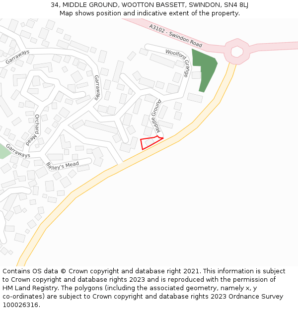 34, MIDDLE GROUND, WOOTTON BASSETT, SWINDON, SN4 8LJ: Location map and indicative extent of plot