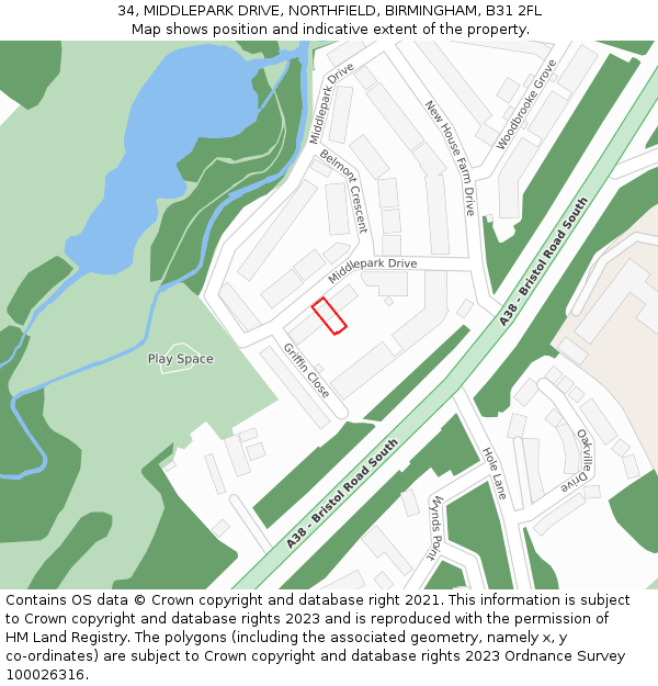 34, MIDDLEPARK DRIVE, NORTHFIELD, BIRMINGHAM, B31 2FL: Location map and indicative extent of plot