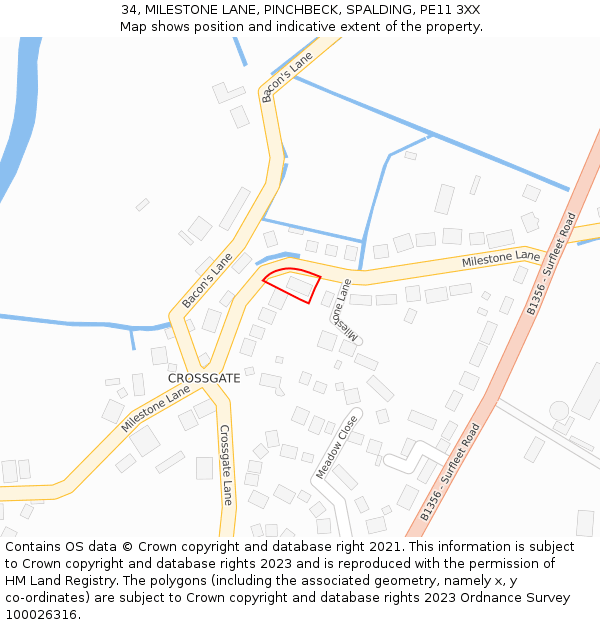 34, MILESTONE LANE, PINCHBECK, SPALDING, PE11 3XX: Location map and indicative extent of plot