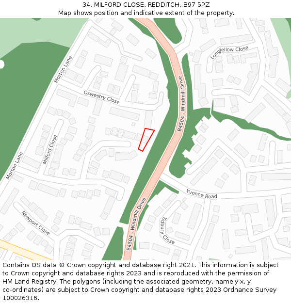 34, MILFORD CLOSE, REDDITCH, B97 5PZ: Location map and indicative extent of plot