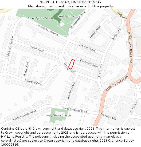 34, MILL HILL ROAD, HINCKLEY, LE10 0AX: Location map and indicative extent of plot