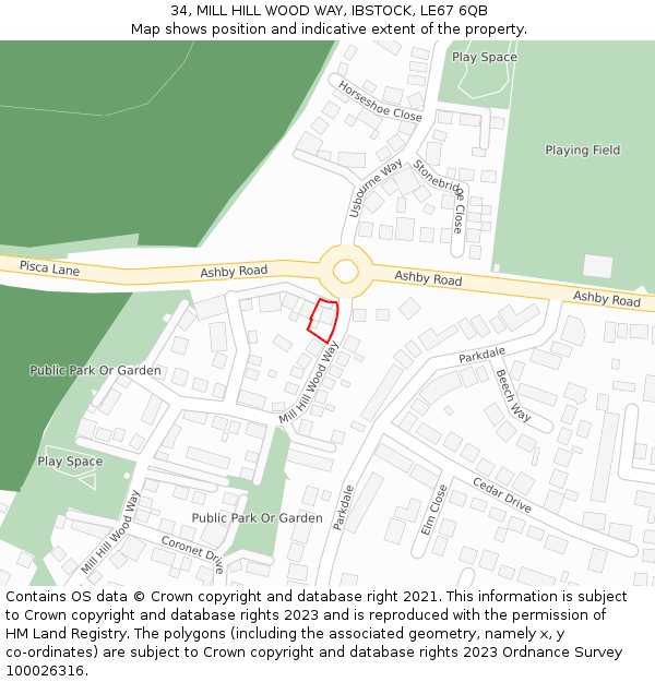 34, MILL HILL WOOD WAY, IBSTOCK, LE67 6QB: Location map and indicative extent of plot