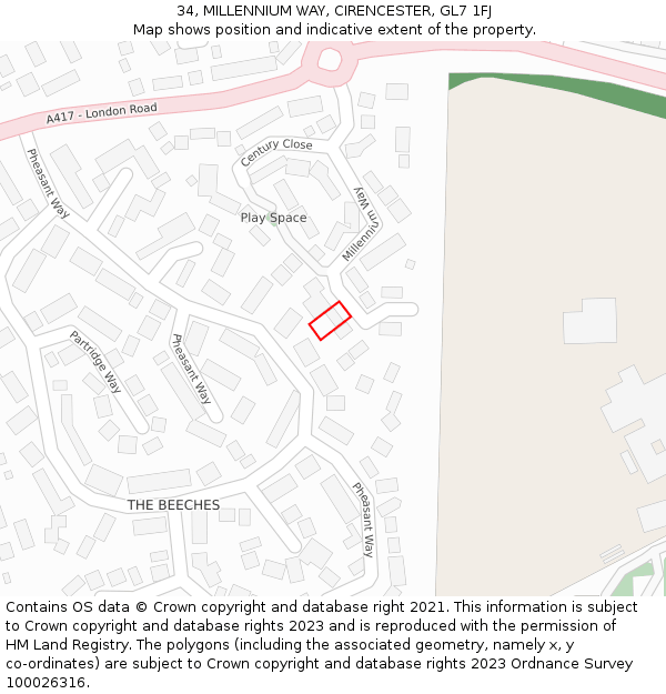 34, MILLENNIUM WAY, CIRENCESTER, GL7 1FJ: Location map and indicative extent of plot