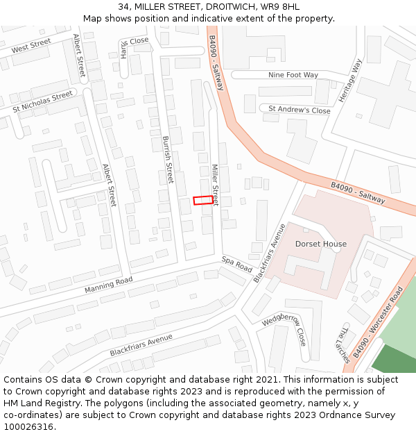 34, MILLER STREET, DROITWICH, WR9 8HL: Location map and indicative extent of plot