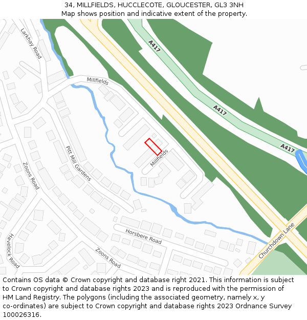 34, MILLFIELDS, HUCCLECOTE, GLOUCESTER, GL3 3NH: Location map and indicative extent of plot