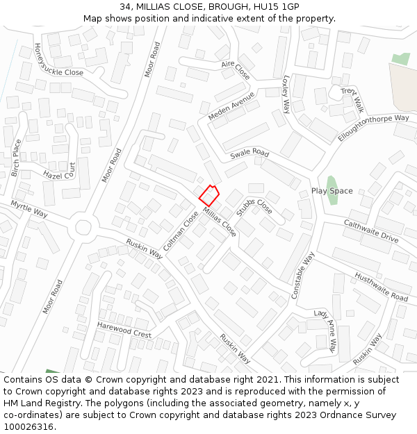 34, MILLIAS CLOSE, BROUGH, HU15 1GP: Location map and indicative extent of plot