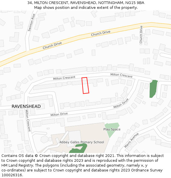 34, MILTON CRESCENT, RAVENSHEAD, NOTTINGHAM, NG15 9BA: Location map and indicative extent of plot