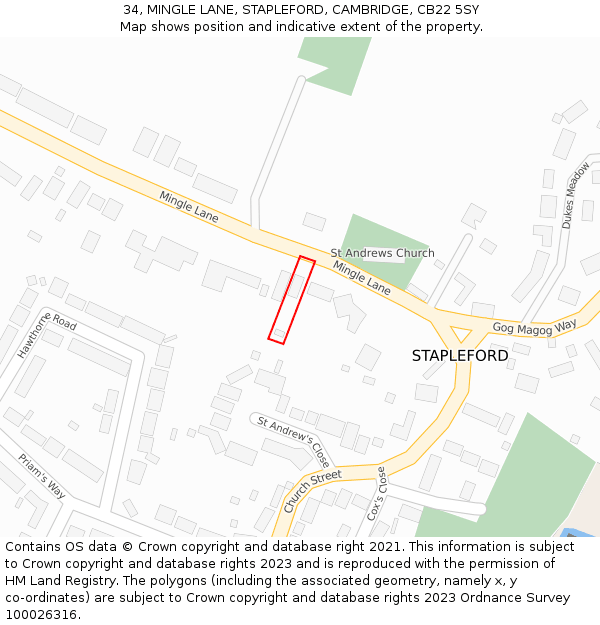 34, MINGLE LANE, STAPLEFORD, CAMBRIDGE, CB22 5SY: Location map and indicative extent of plot