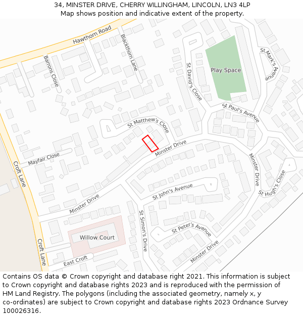 34, MINSTER DRIVE, CHERRY WILLINGHAM, LINCOLN, LN3 4LP: Location map and indicative extent of plot