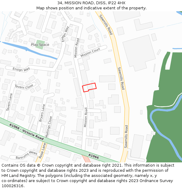 34, MISSION ROAD, DISS, IP22 4HX: Location map and indicative extent of plot