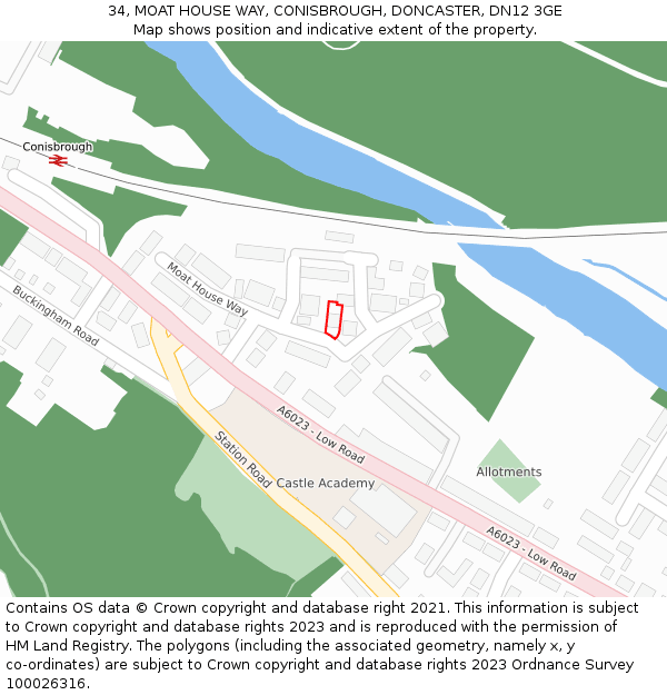 34, MOAT HOUSE WAY, CONISBROUGH, DONCASTER, DN12 3GE: Location map and indicative extent of plot