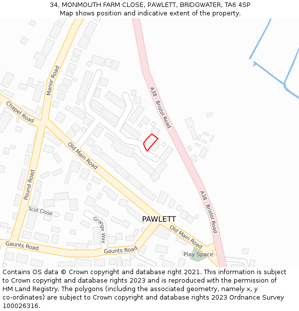 34, MONMOUTH FARM CLOSE, PAWLETT, BRIDGWATER, TA6 4SP: Location map and indicative extent of plot