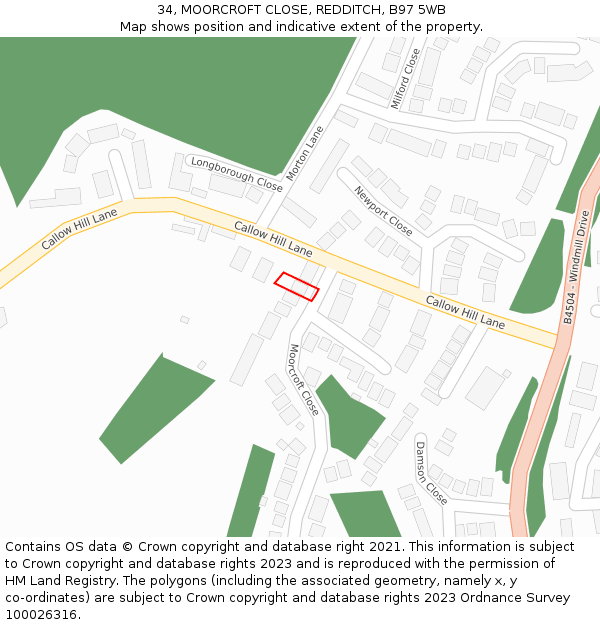 34, MOORCROFT CLOSE, REDDITCH, B97 5WB: Location map and indicative extent of plot