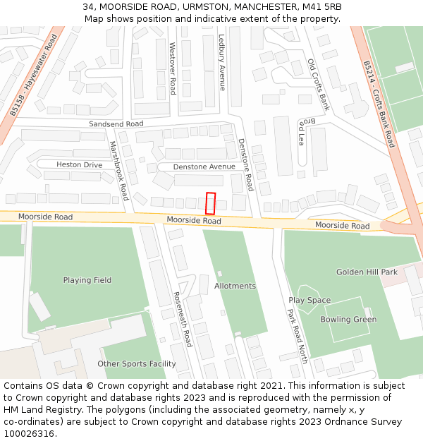 34, MOORSIDE ROAD, URMSTON, MANCHESTER, M41 5RB: Location map and indicative extent of plot