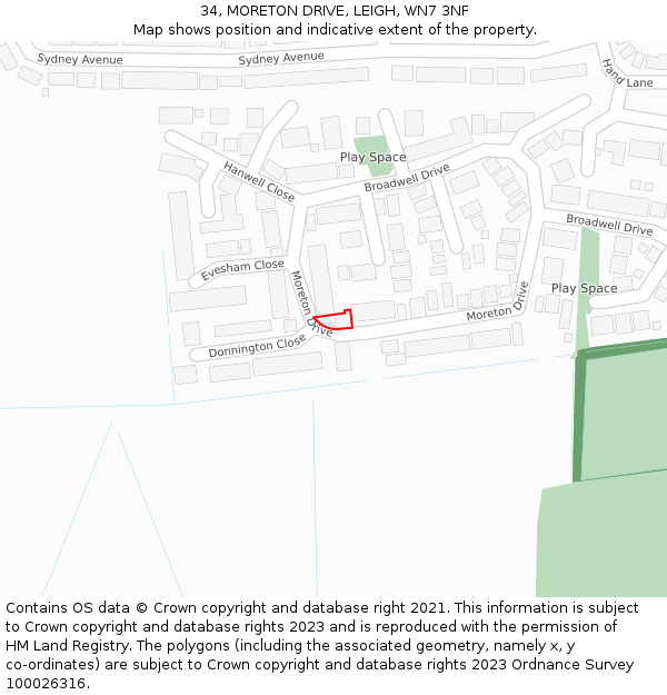 34, MORETON DRIVE, LEIGH, WN7 3NF: Location map and indicative extent of plot