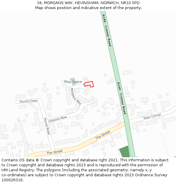 34, MORGANS WAY, HEVINGHAM, NORWICH, NR10 5PD: Location map and indicative extent of plot