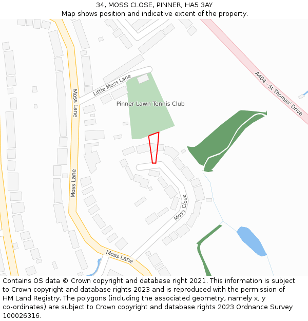 34, MOSS CLOSE, PINNER, HA5 3AY: Location map and indicative extent of plot